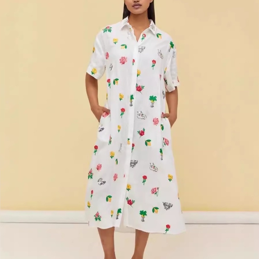 Zimmermann White Floral Shirt Midi Dress - Lightweight Button-Front Maxi